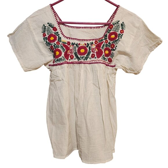 Tops - Vintage Women's Small Mexican Gauze Blouse Hand Embroidered Birds Flowers Ivory
